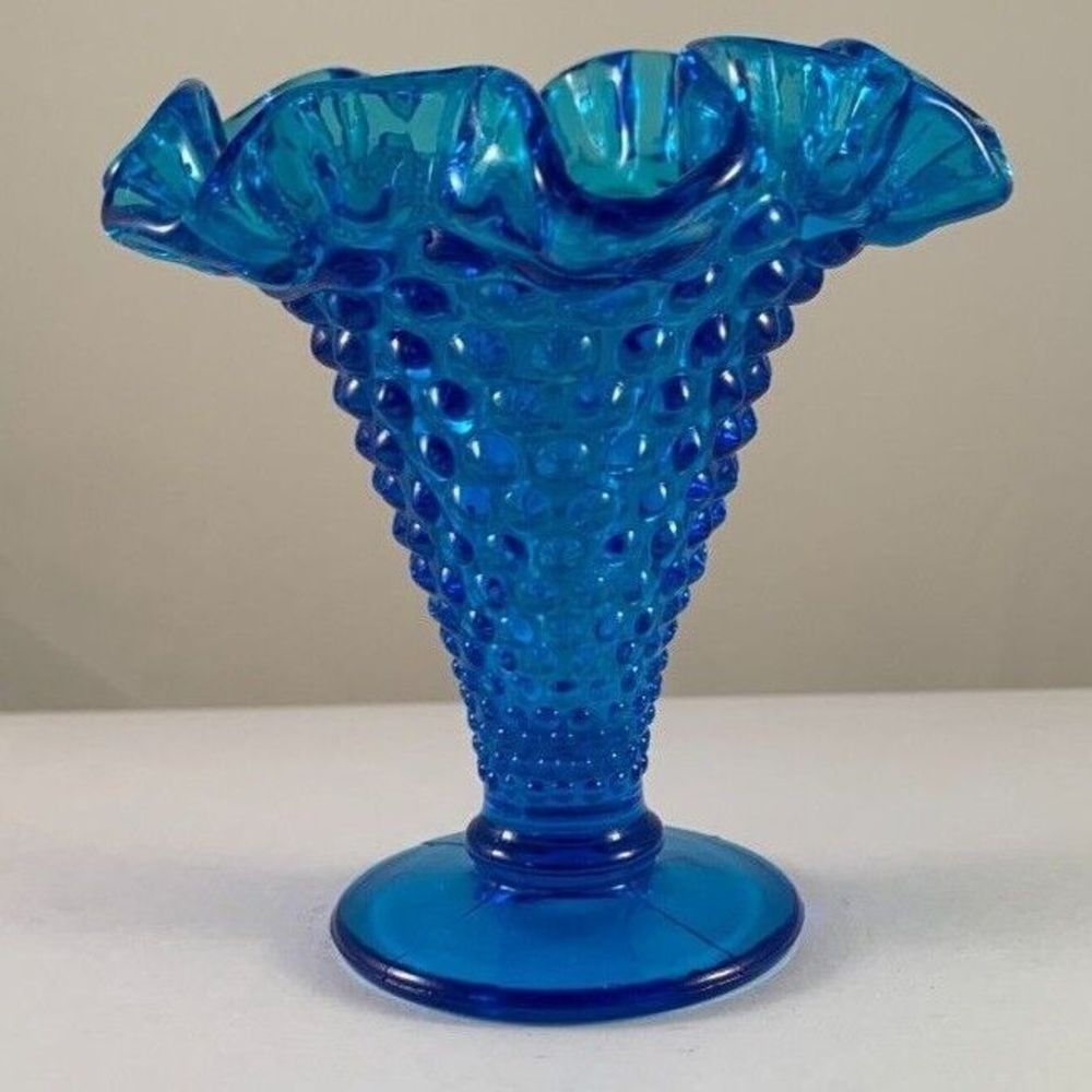 VTG Fenton Blue Hobnail Ruffle Edge Glass Vase Small 3 3/4"